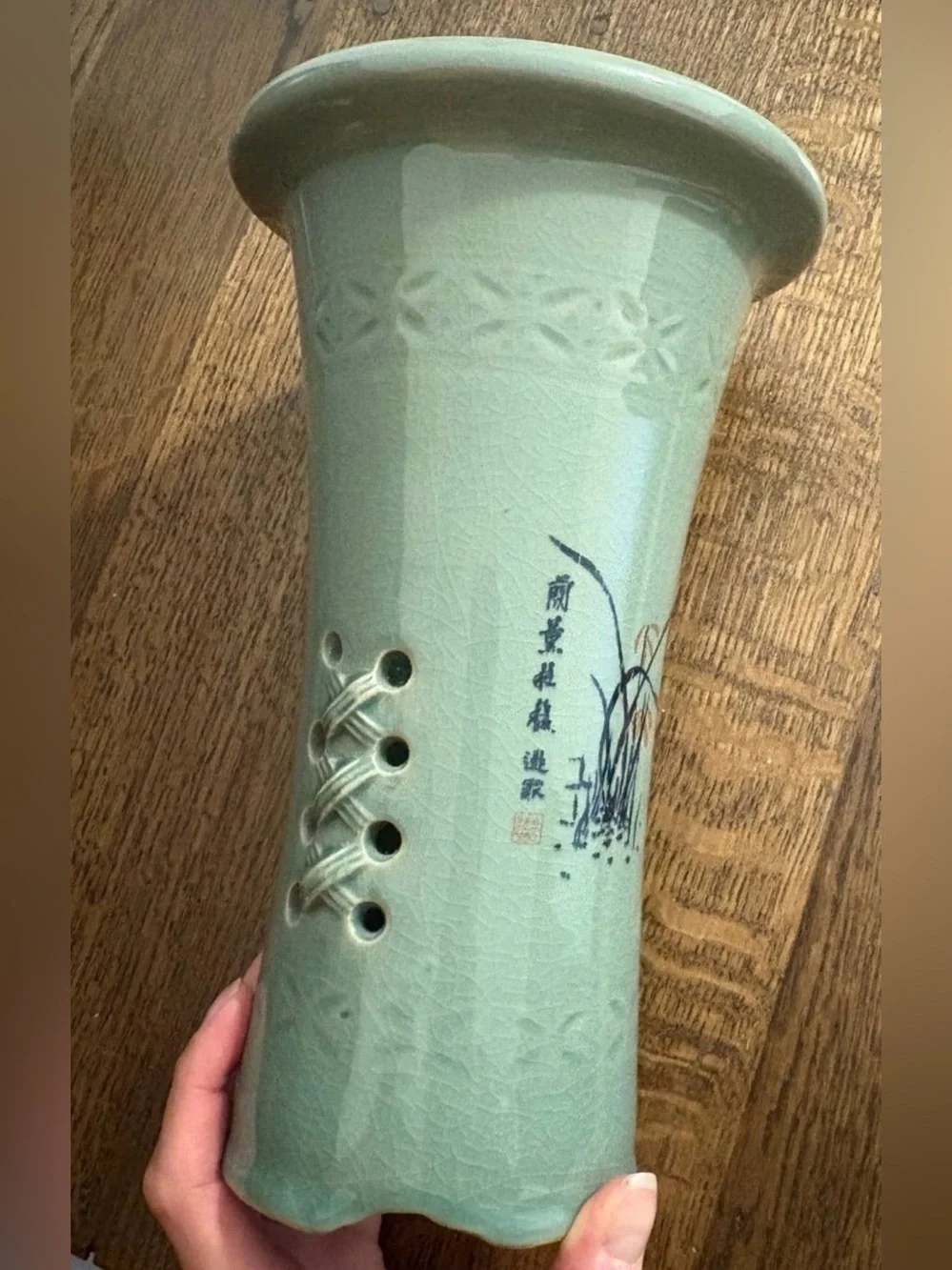 Vintage Chinese Celadon Orchid Pot Crackle Glaze Openwork Tall Cymbidium Planter
